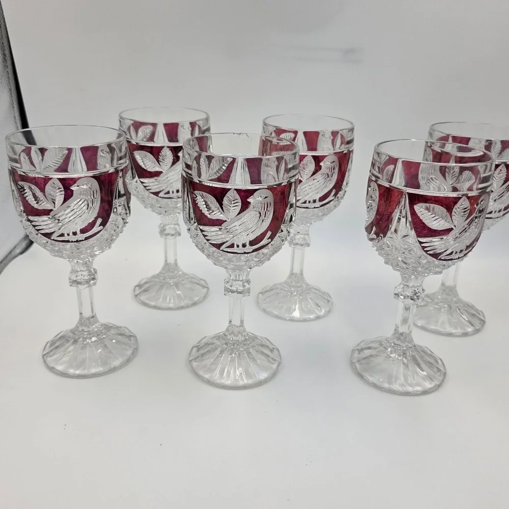 Vintage Bohemian Ruby Red Cut to Clear Crystal Wine Goblets Etched Bird Set of 6